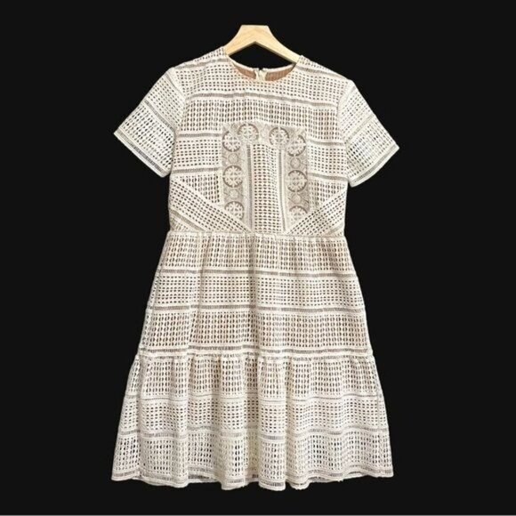 Self Portrait Patchwork Lace Mini Dress, White with  Nude,  Size 10‎ - Picture 1 of 16